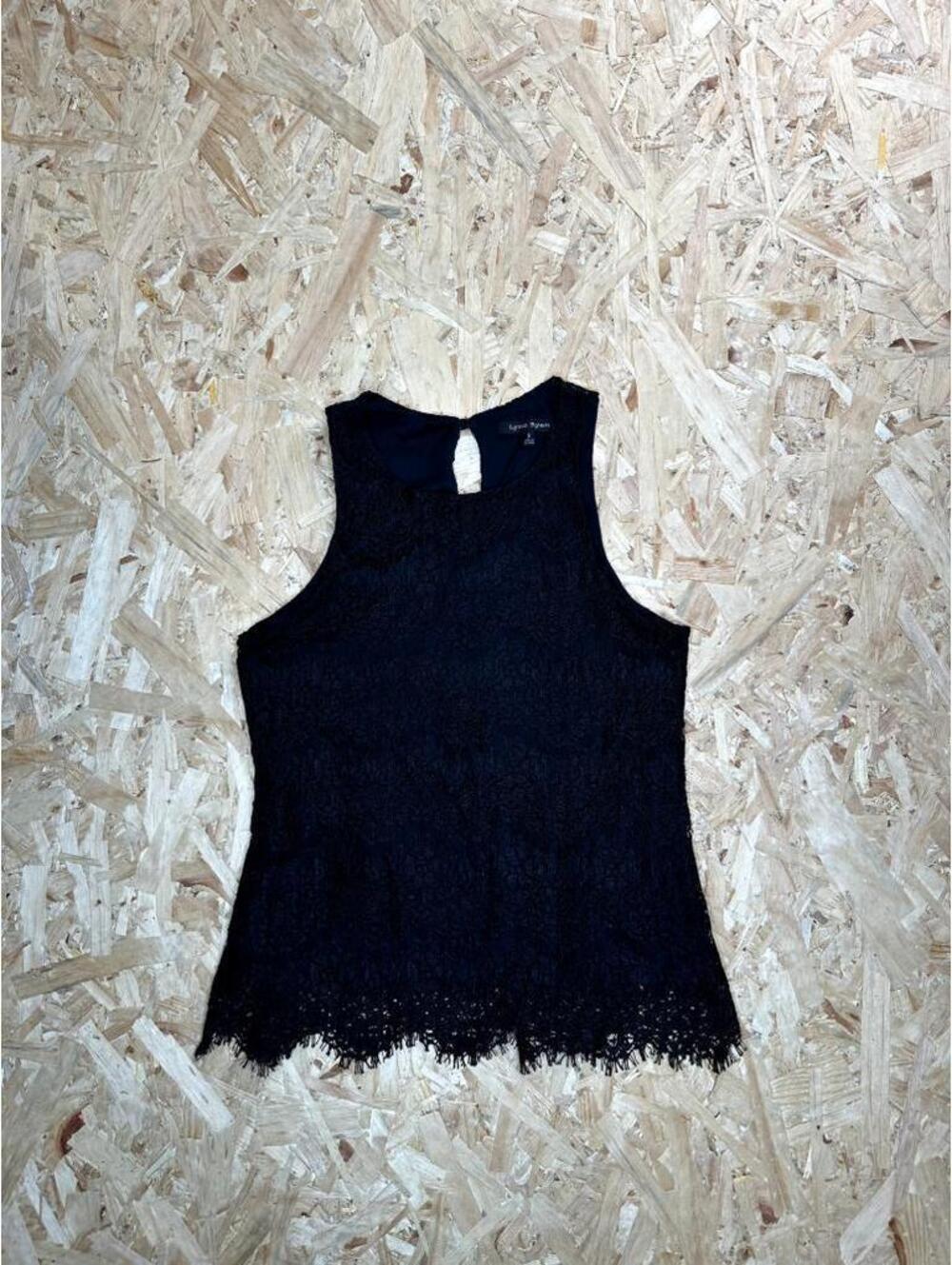 Lynn Ryan Black Lace Sleeveless Top Womens Small Keyhole Back Eyelash Trim
